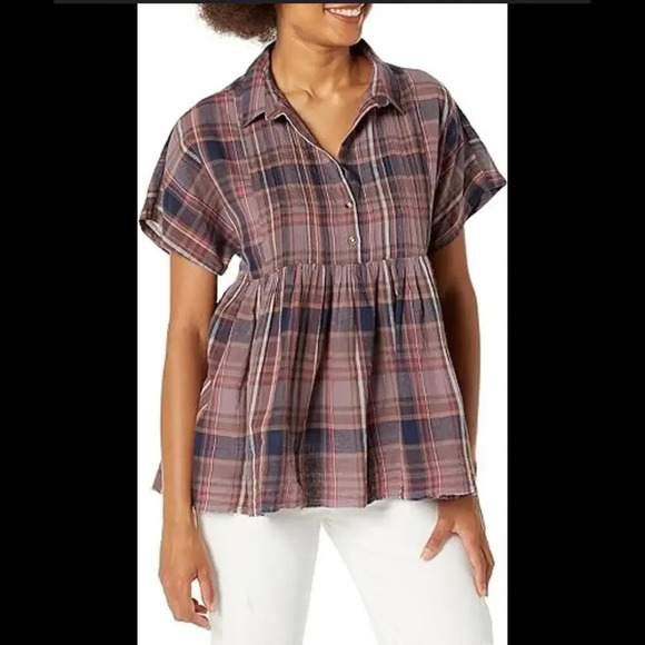 Lucky Brand Women's Short Sleeve Babydoll Tunic Shirt Plaid Size XS - Picture 2 of 12